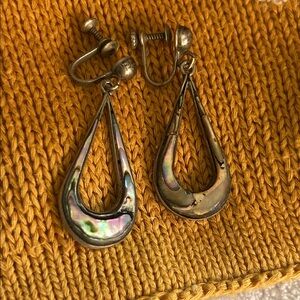 Vintage Sterling Silver Signed Teardrop Abalone Clip-On Earrings Mexico